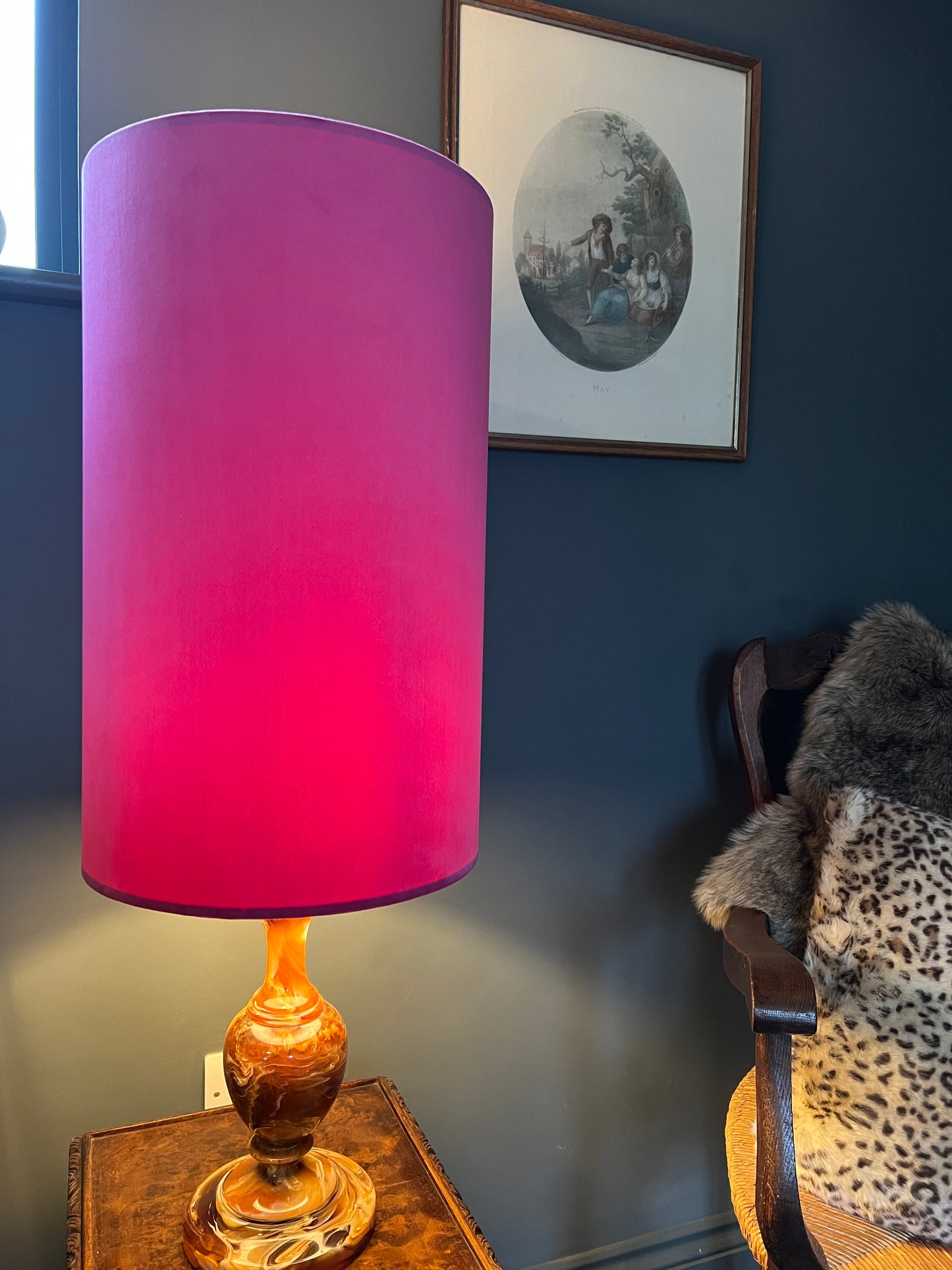 Hot pink velvet cylinder lampshade, extra tall lampshade
