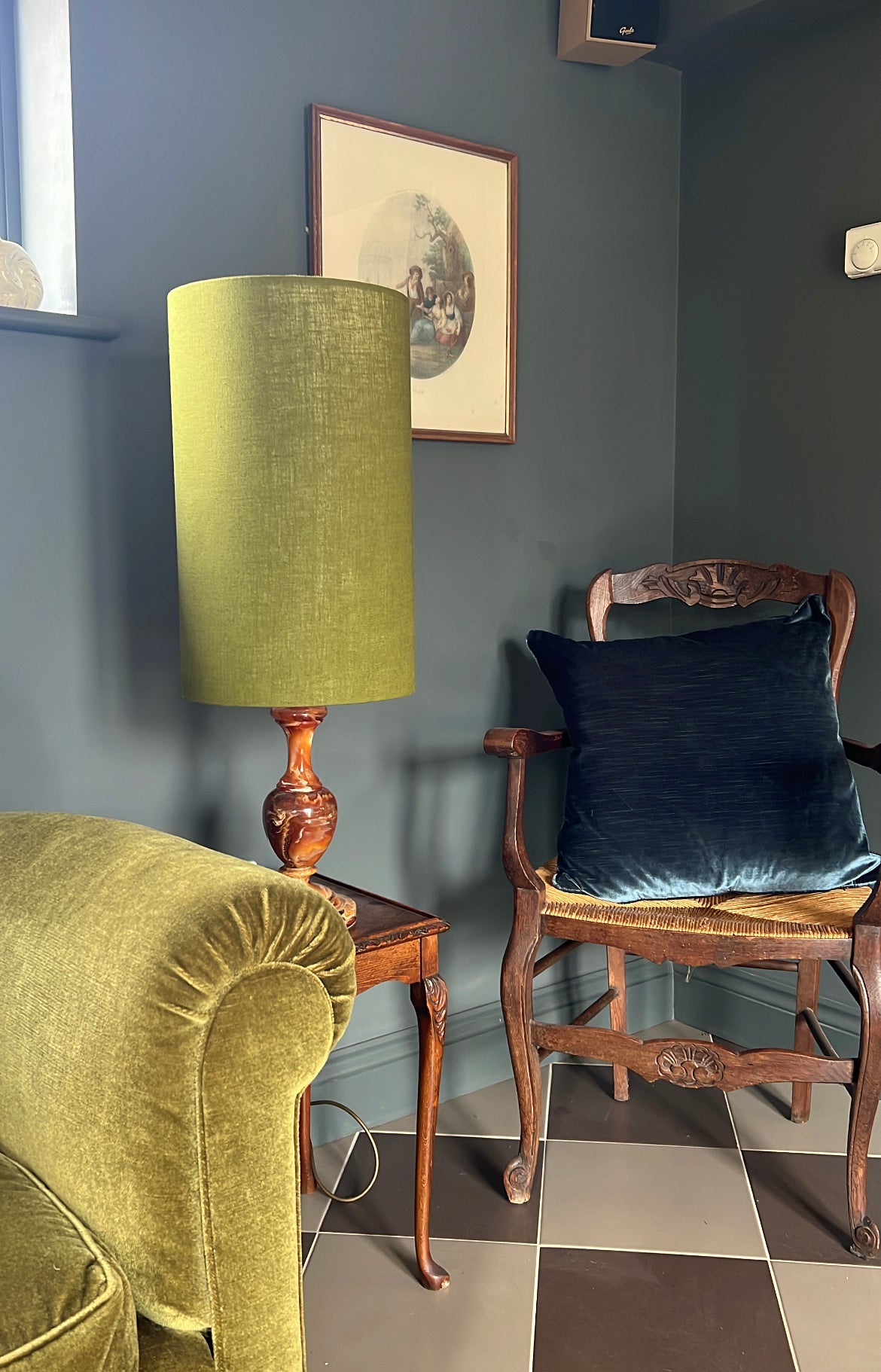 Olive linen cylinder lampshade, extra tall lampshade