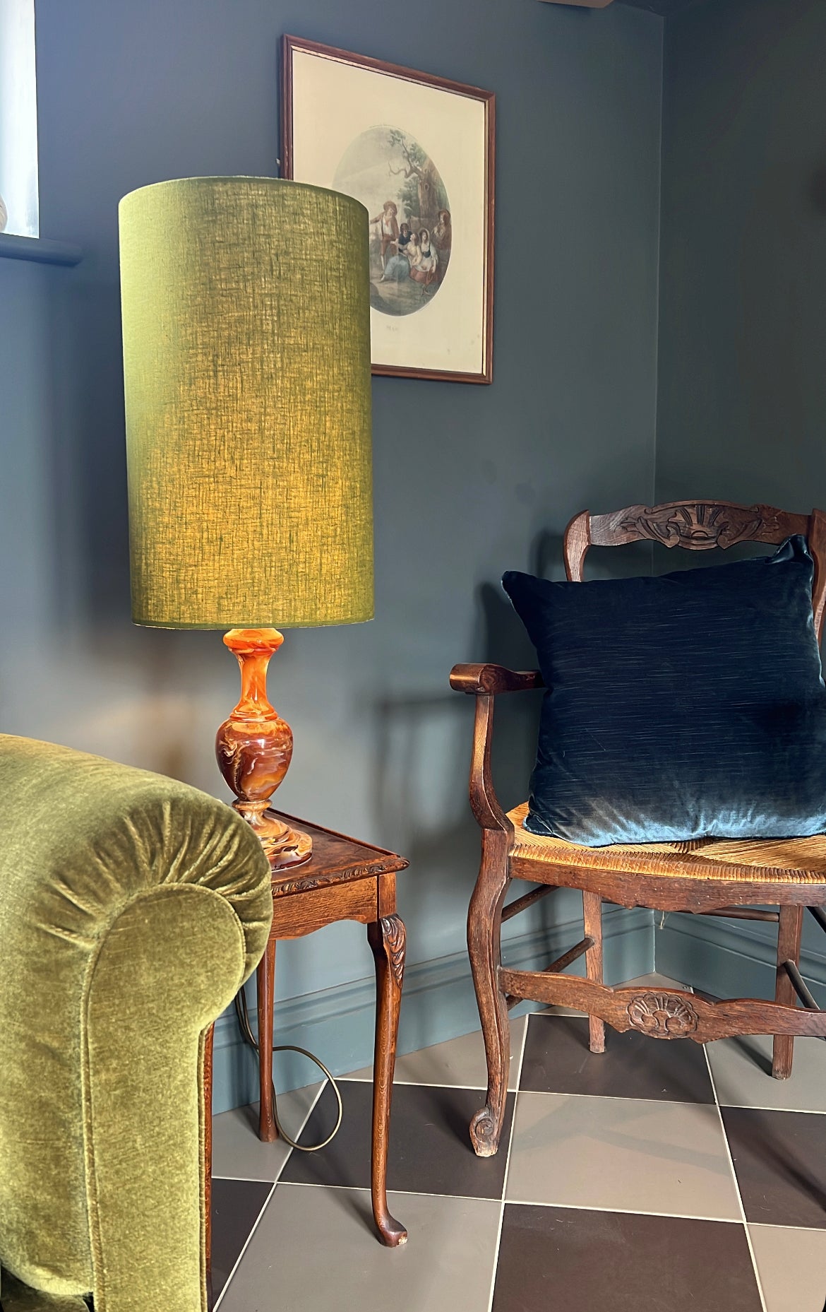 Olive linen cylinder lampshade, extra tall lampshade