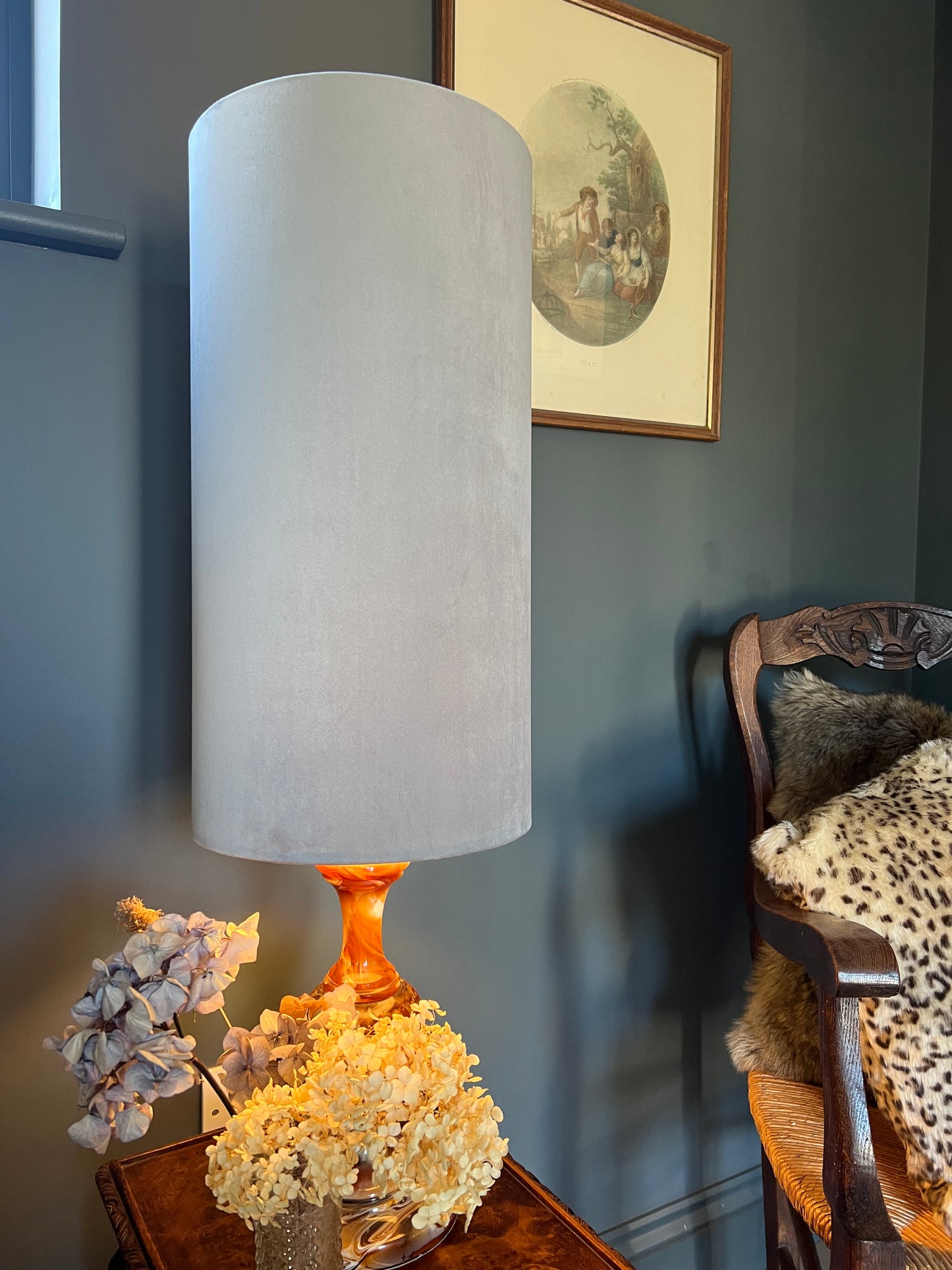 Grey velvet cylinder lampshade, extra tall lampshade