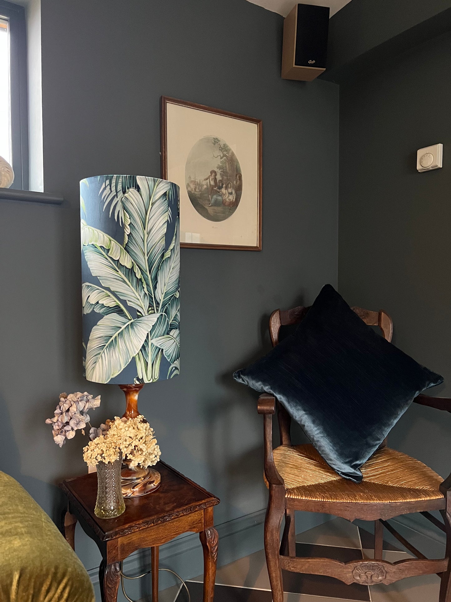 Tripura midnight Leaves Velvet cylinder lampshade, extra tall lampshade