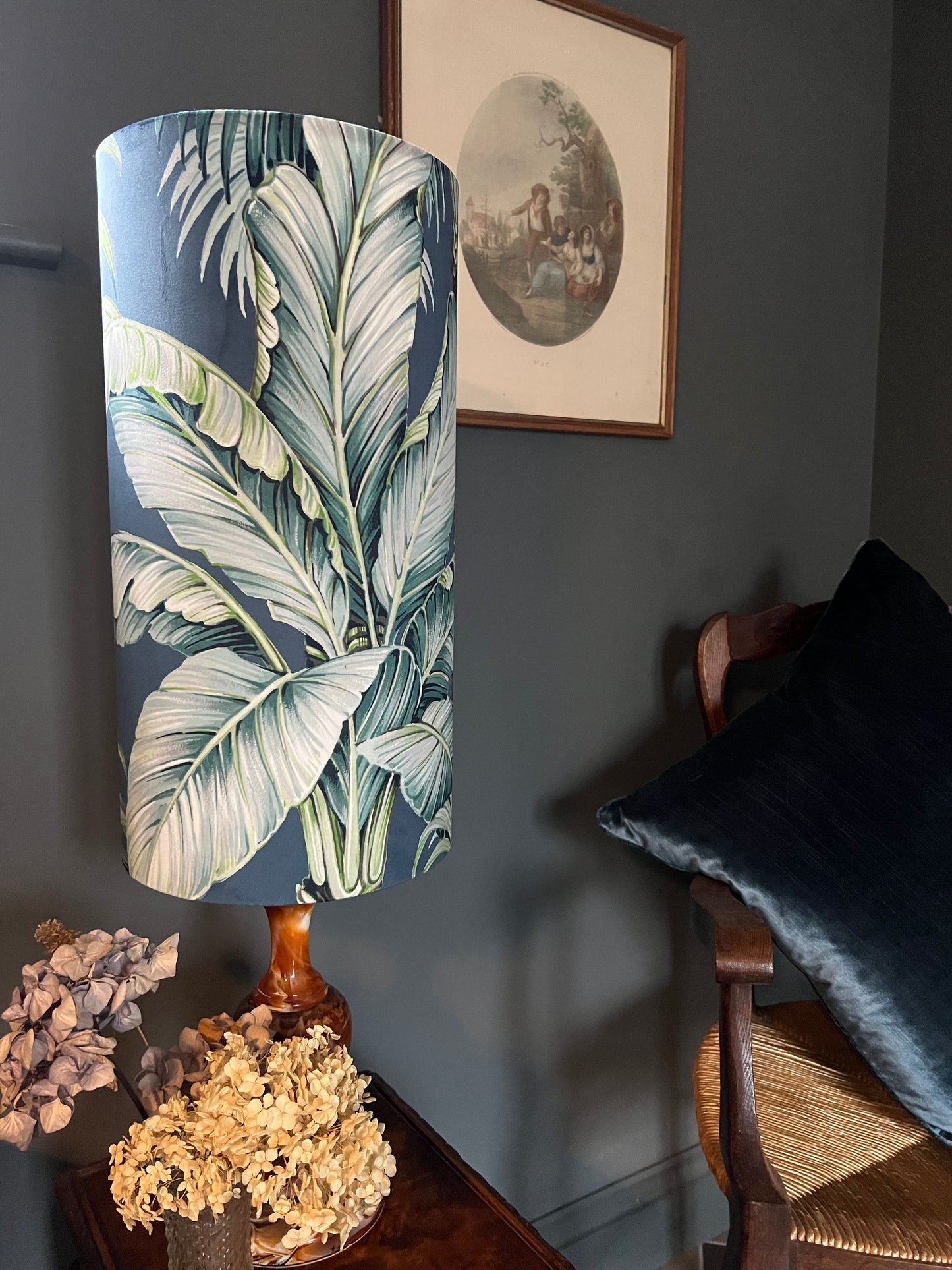Tripura midnight Leaves Velvet cylinder lampshade, extra tall lampshade