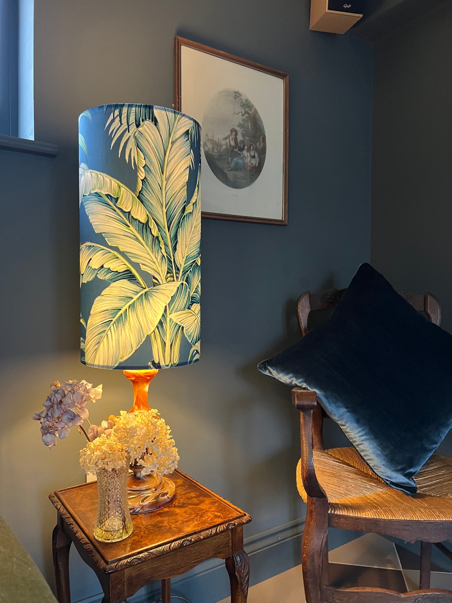 Tripura midnight Leaves Velvet cylinder lampshade, extra tall lampshade