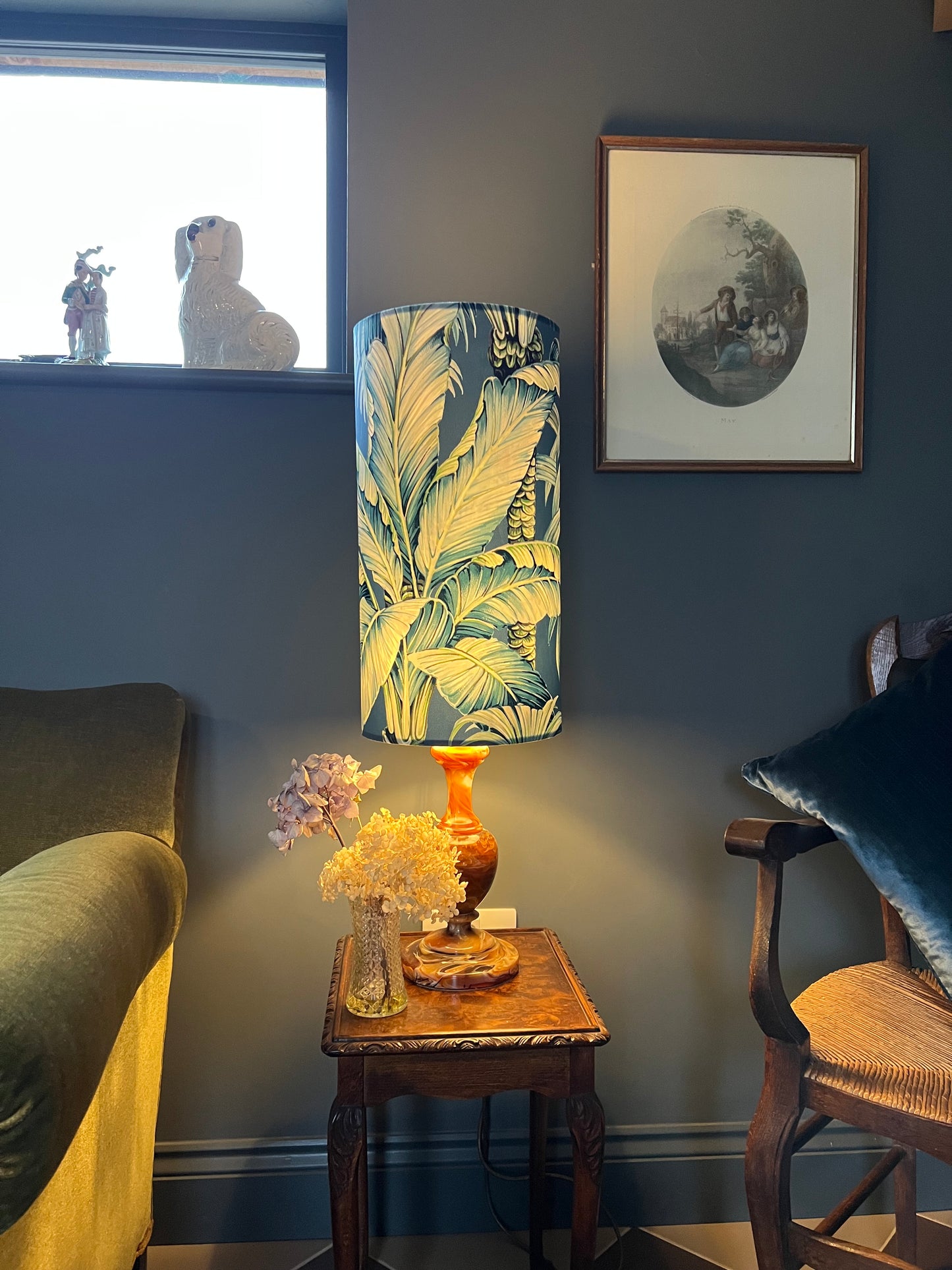 Tripura midnight Leaves Velvet cylinder lampshade, extra tall lampshade
