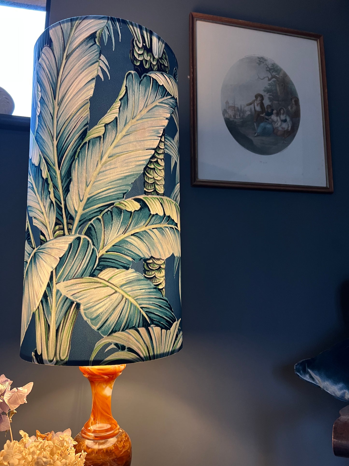Tripura midnight Leaves Velvet cylinder lampshade, extra tall lampshade
