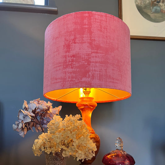 Coral textured velvet drum lampshade/ ceiling shade with a metallic brushed gold lining
