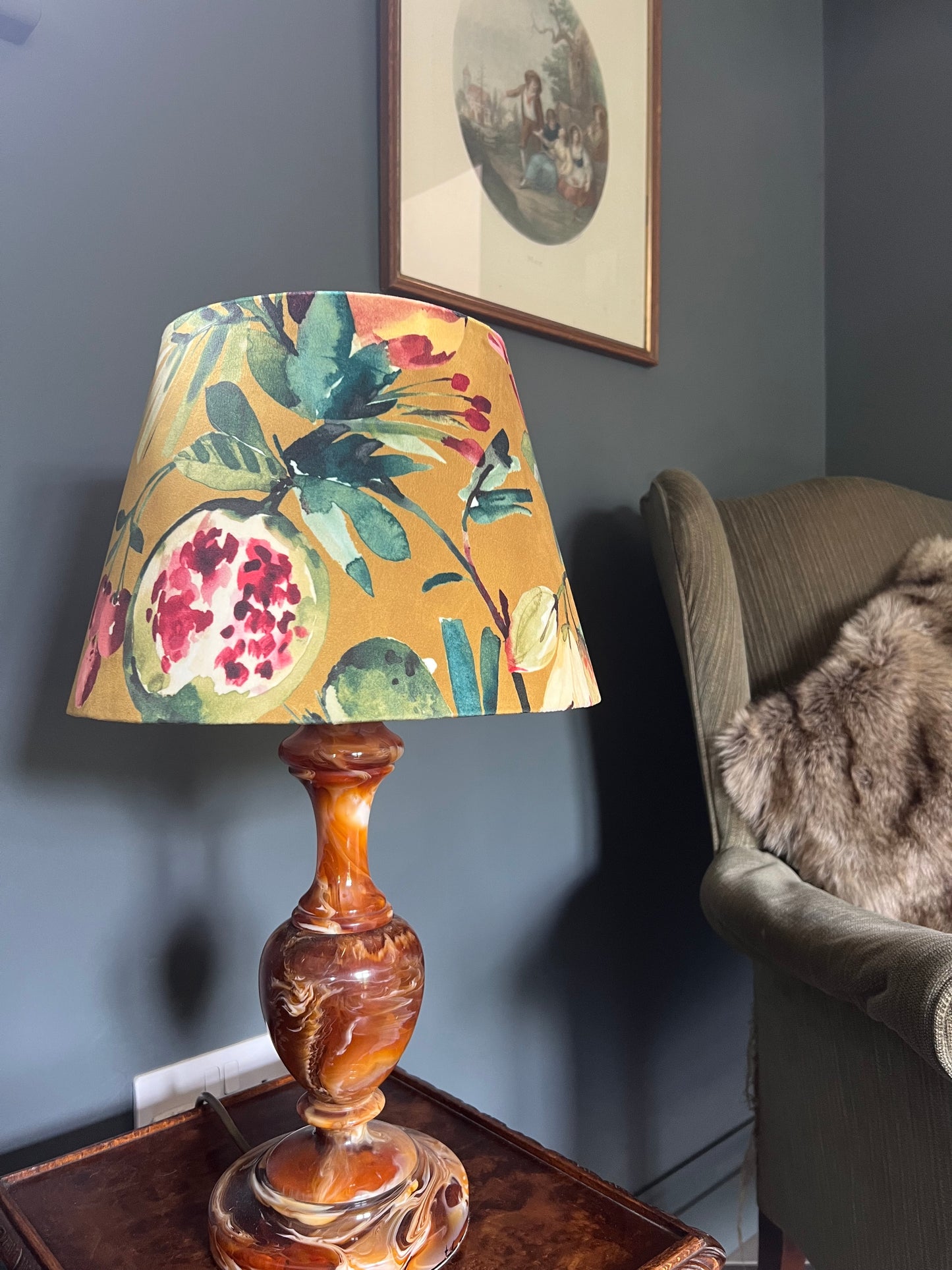 Fruit garden velvet french drum lampshade/ ceiling light shade, empire lampshade, mustard
