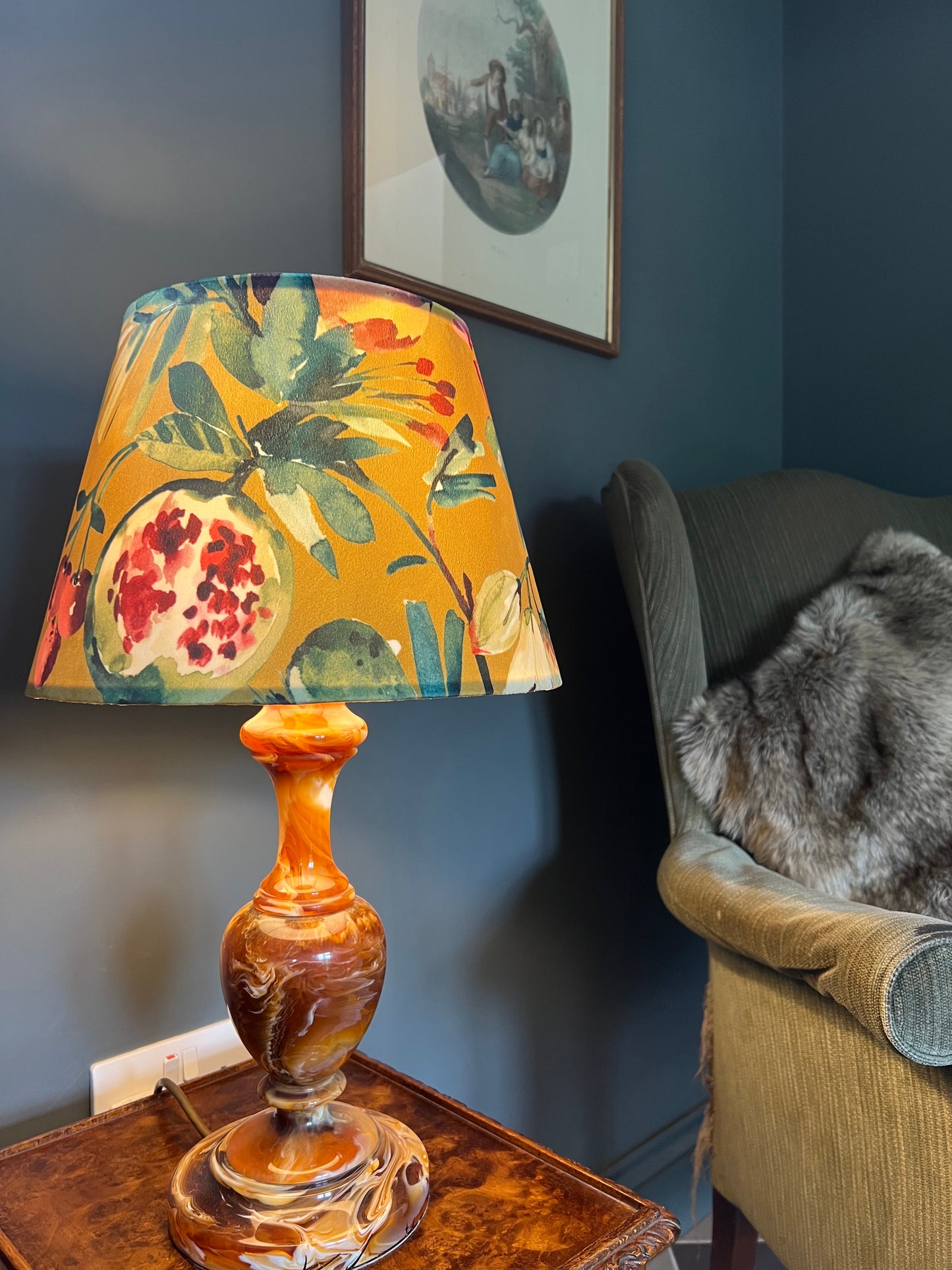 Fruit garden velvet french drum lampshade/ ceiling light shade, empire lampshade, mustard