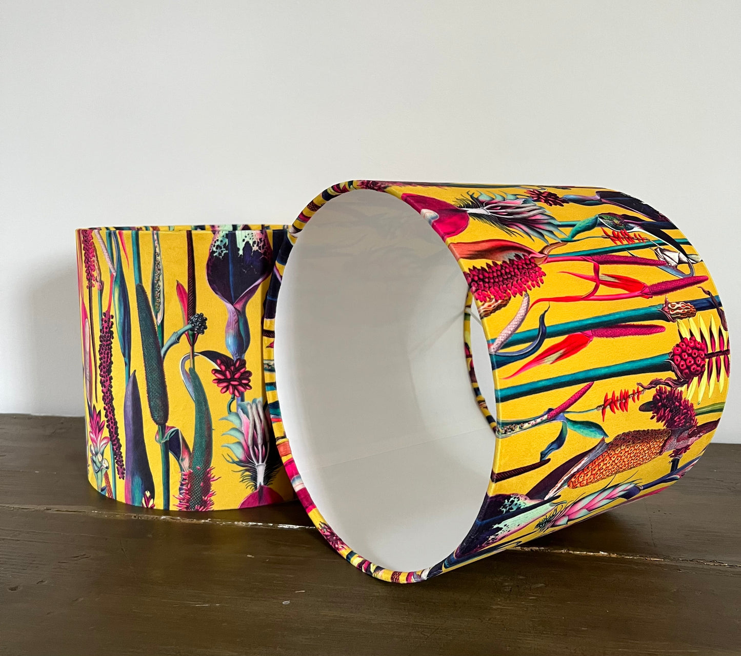 Mustard botanical velvet drum lampshade / ceiling shade, with a white lining