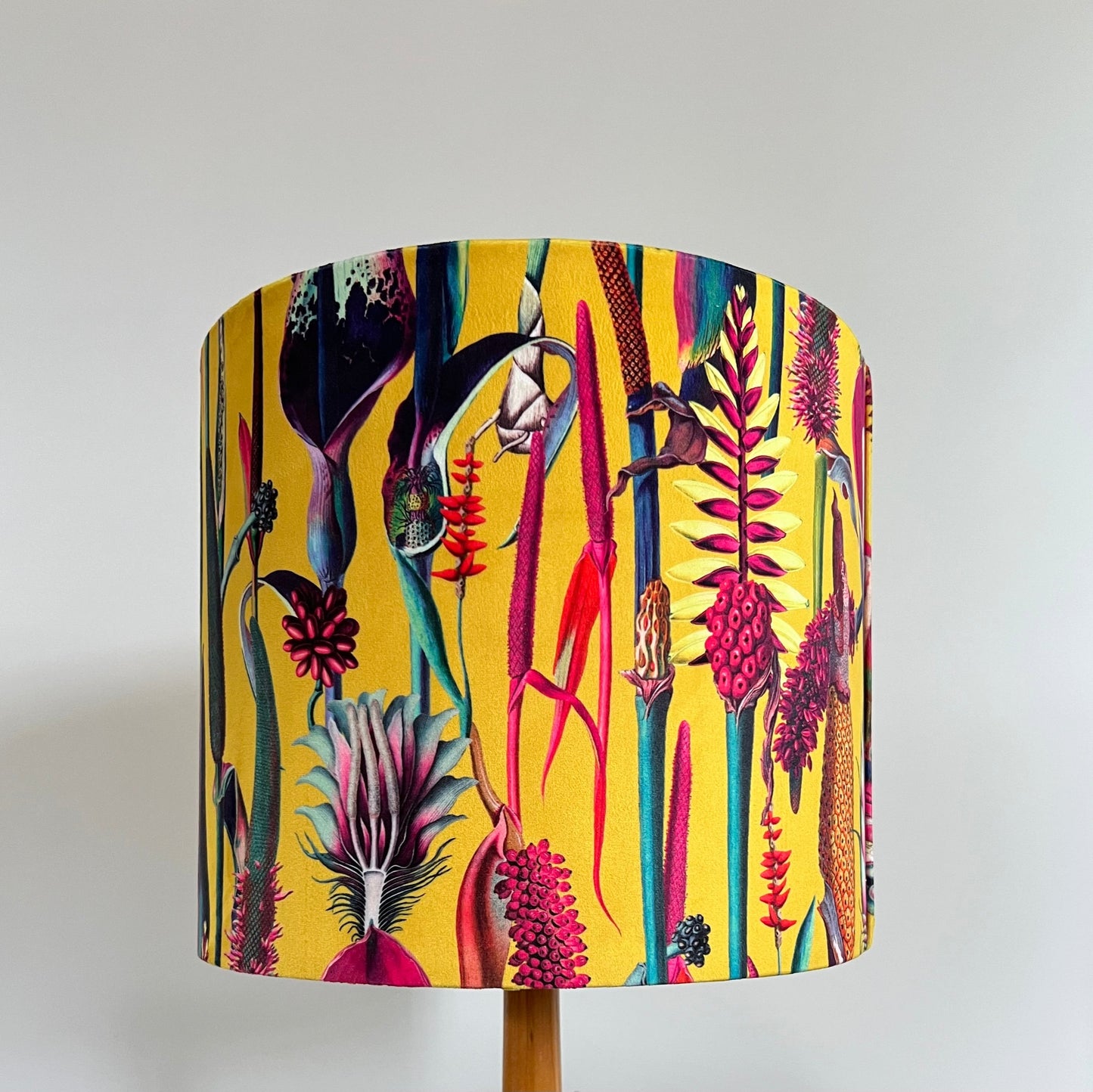 Mustard botanical velvet drum lampshade / ceiling shade, with a white lining
