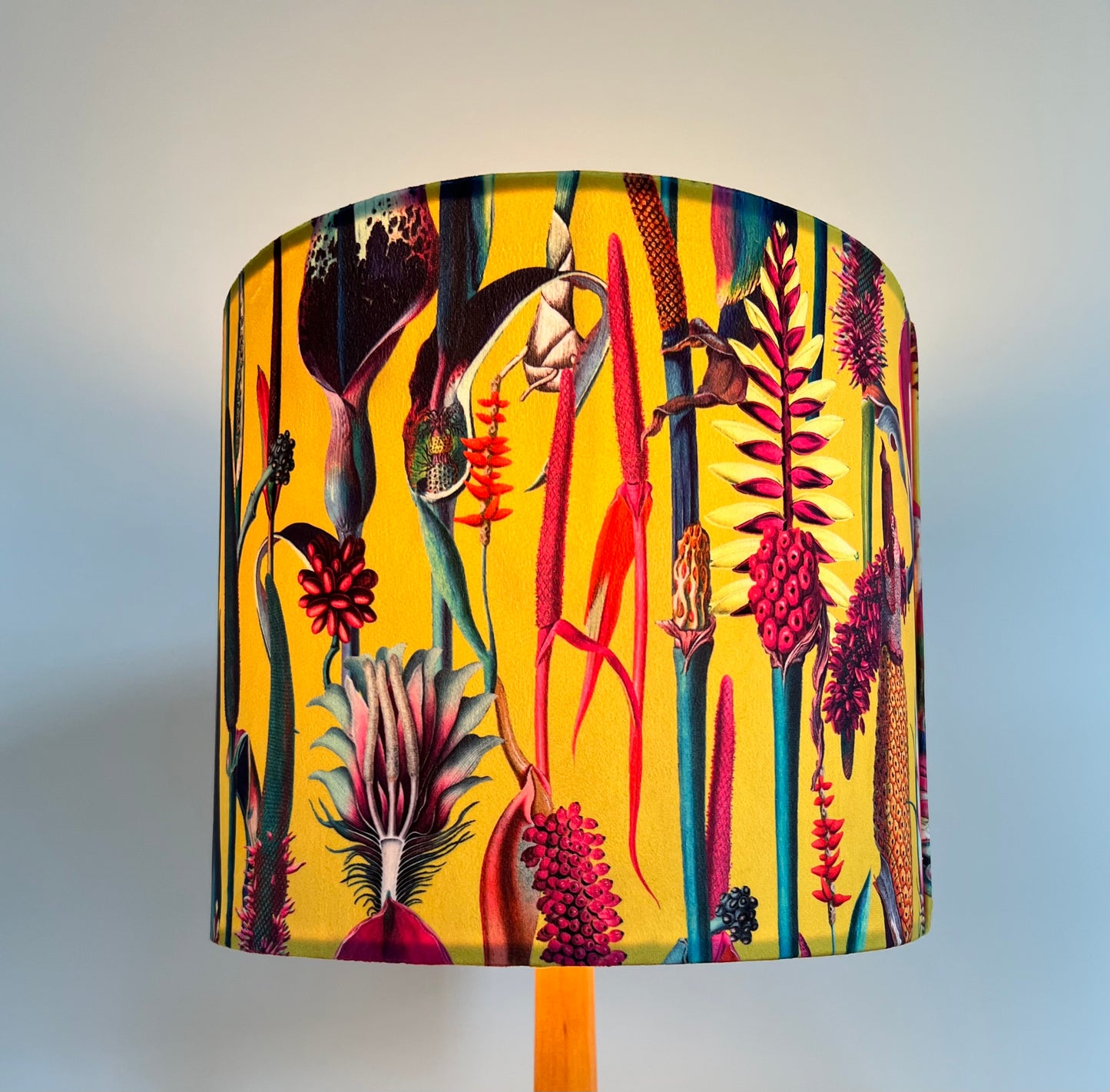 Mustard botanical velvet drum lampshade / ceiling shade, with a white lining