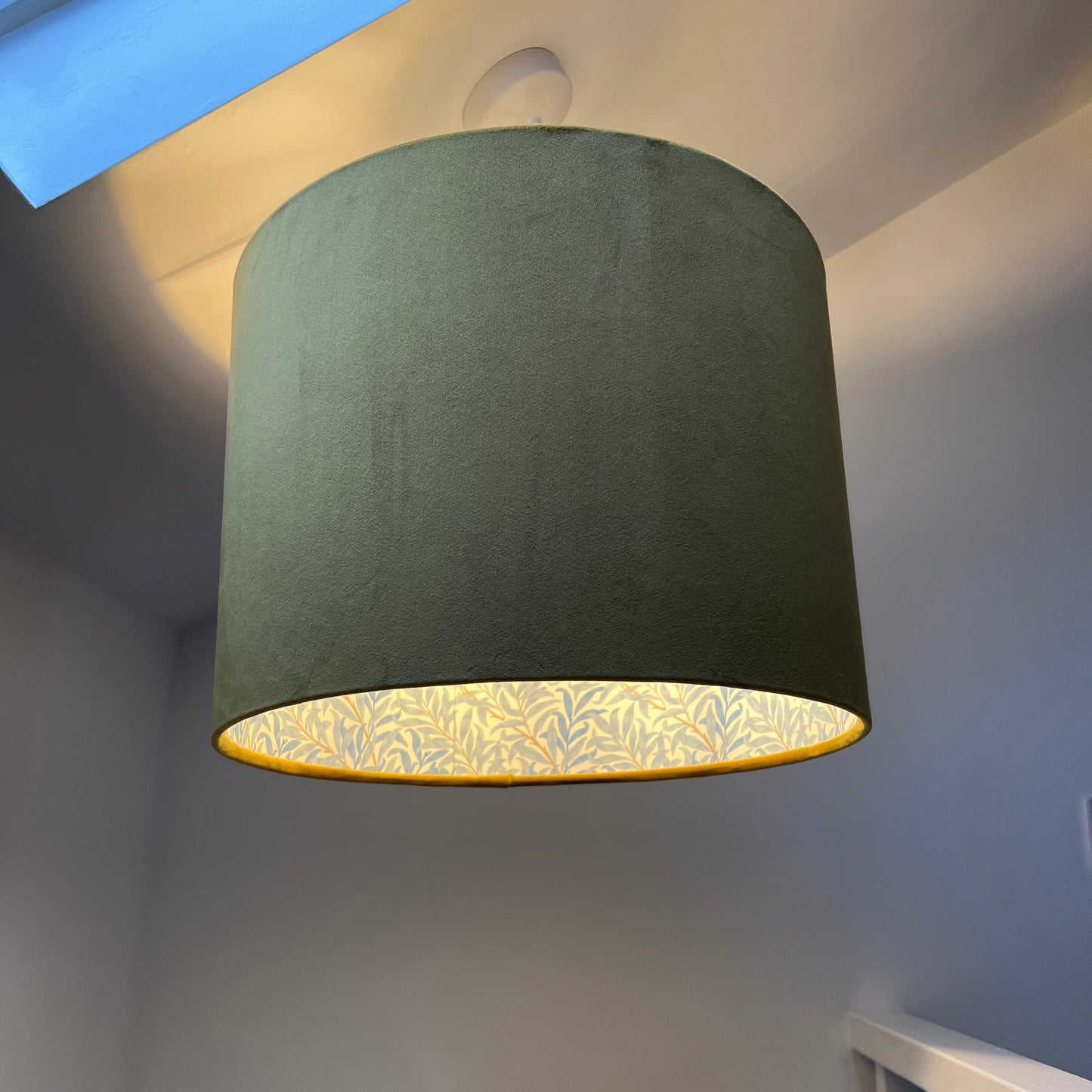 Mustard velvet drum lampshade, double sided lampshade, with William Morris blue leaves cotton interior