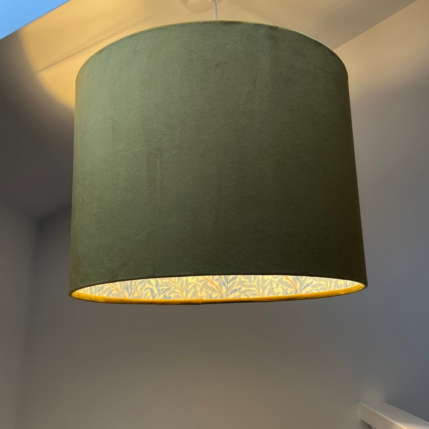 Mustard velvet drum lampshade, double sided lampshade, with William Morris blue leaves cotton interior