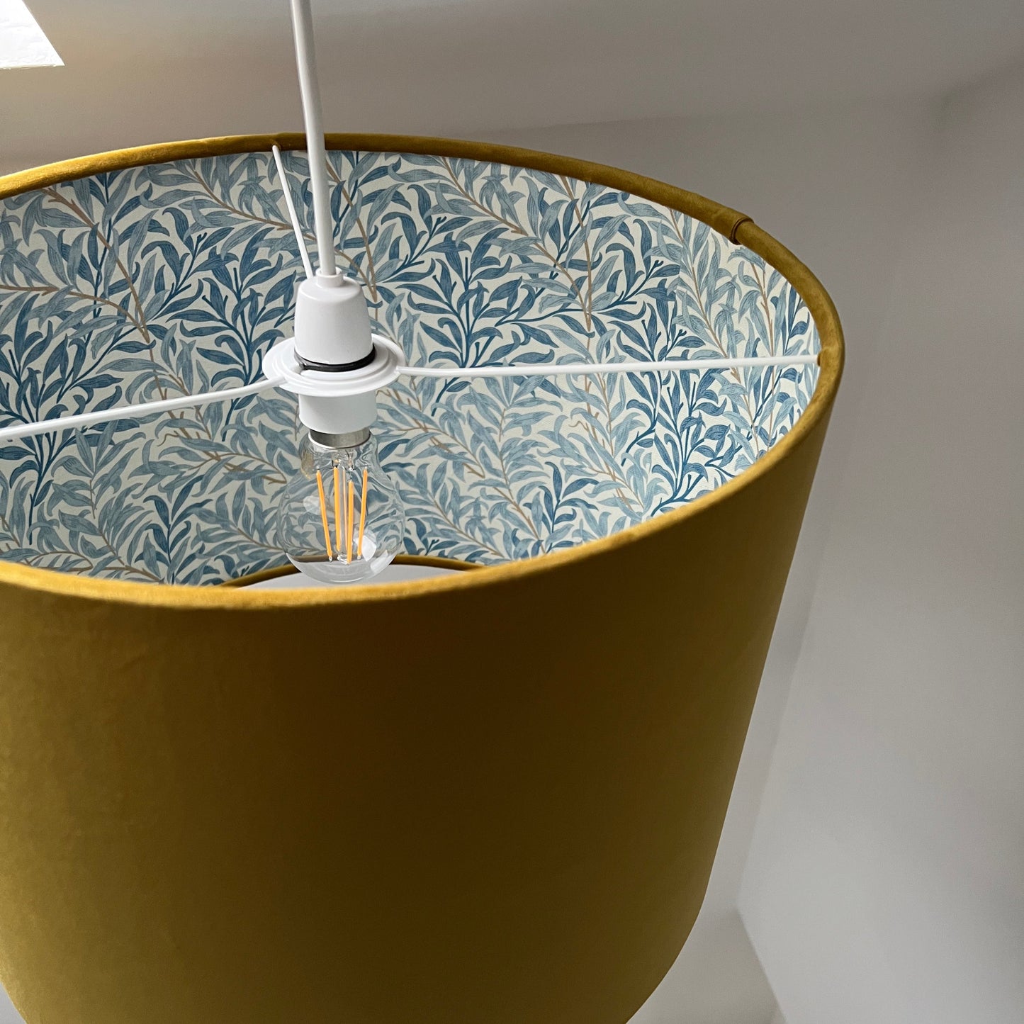 Mustard velvet drum lampshade, double sided lampshade, with William Morris blue leaves cotton interior