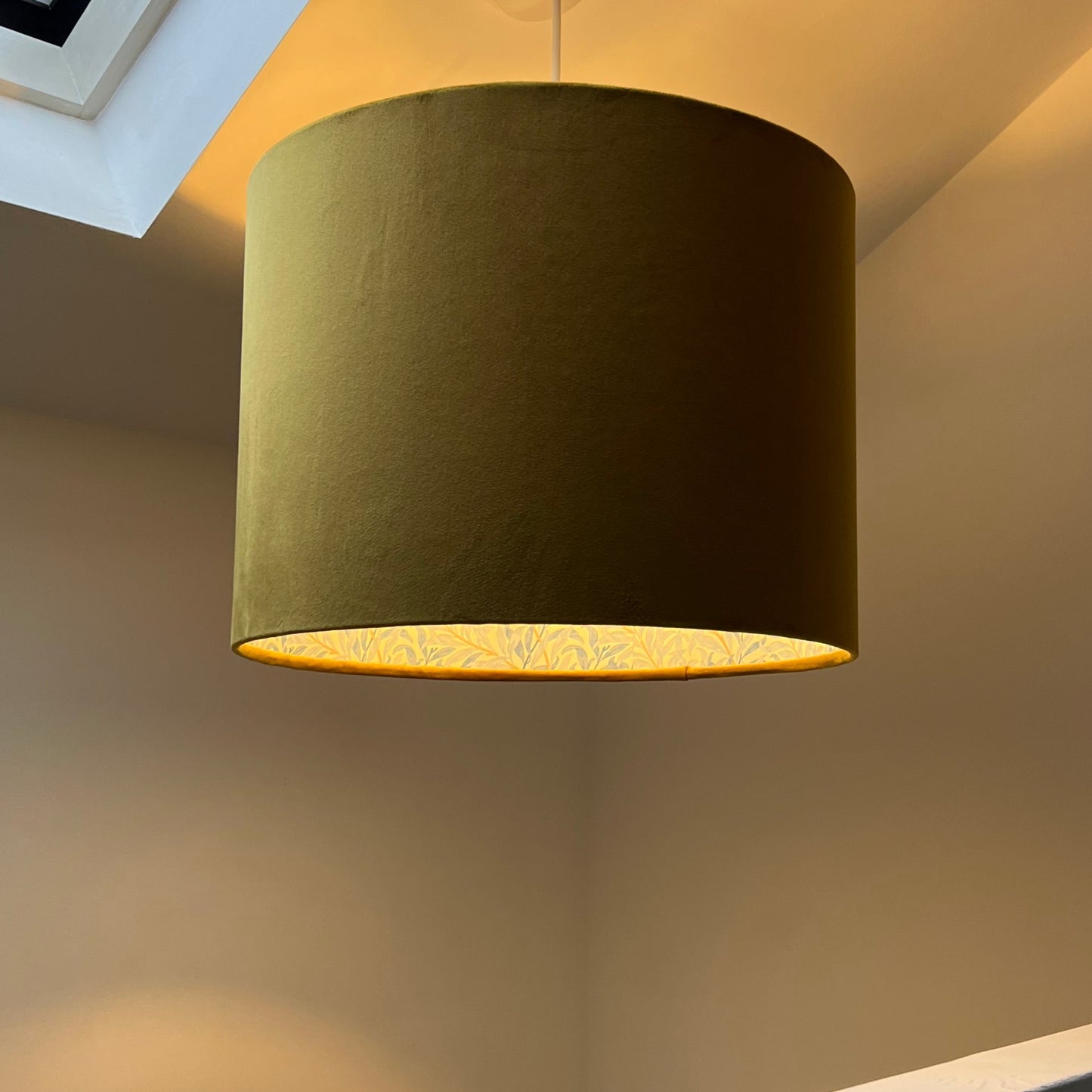Mustard velvet drum lampshade, double sided lampshade, with William Morris blue leaves cotton interior