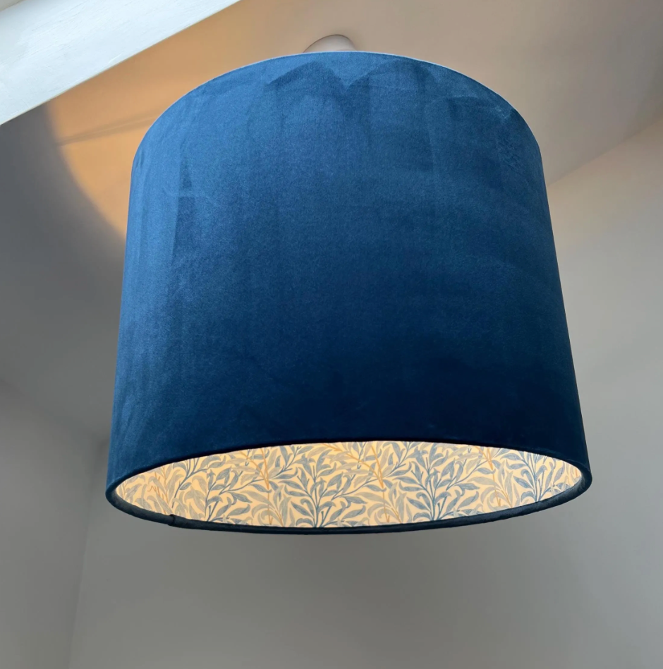 Navy velvet drum lampshade, double sided lampshade, with William Morris blue leaves cotton interior