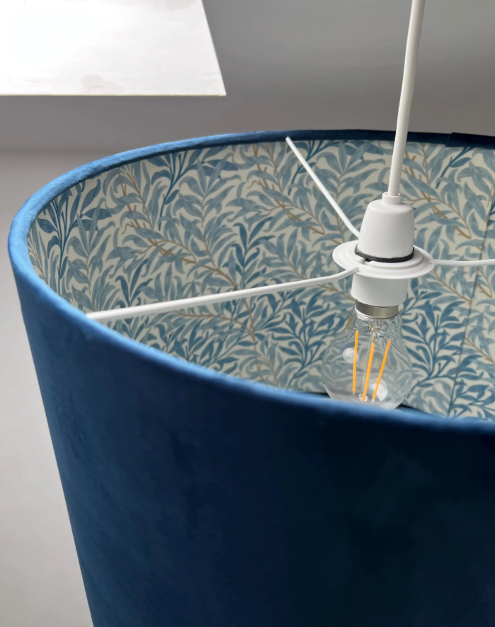 Navy velvet drum lampshade, double sided lampshade, with William Morris blue leaves cotton interior
