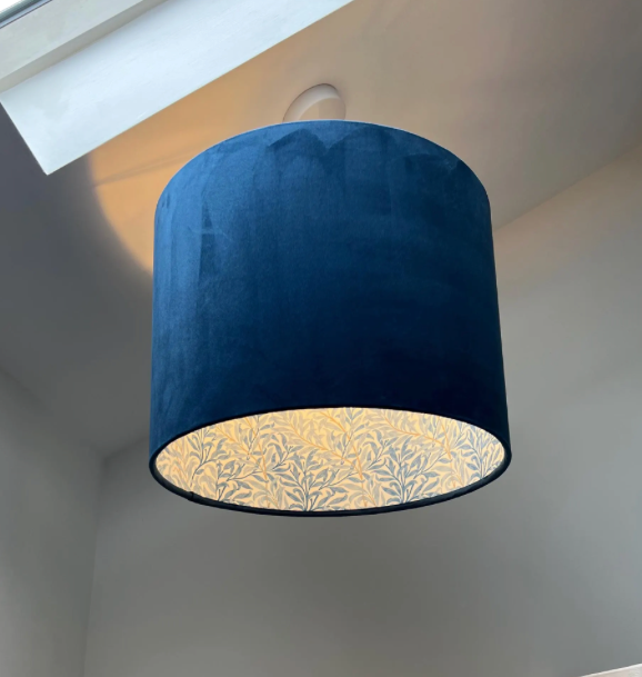 Navy velvet drum lampshade, double sided lampshade, with William Morris blue leaves cotton interior