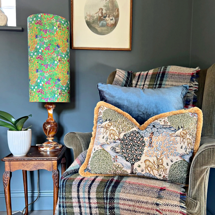 William Morris Deer garden tapestry cushion with mustard gold fringing