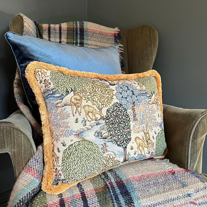 William Morris Deer garden tapestry cushion with mustard gold fringing