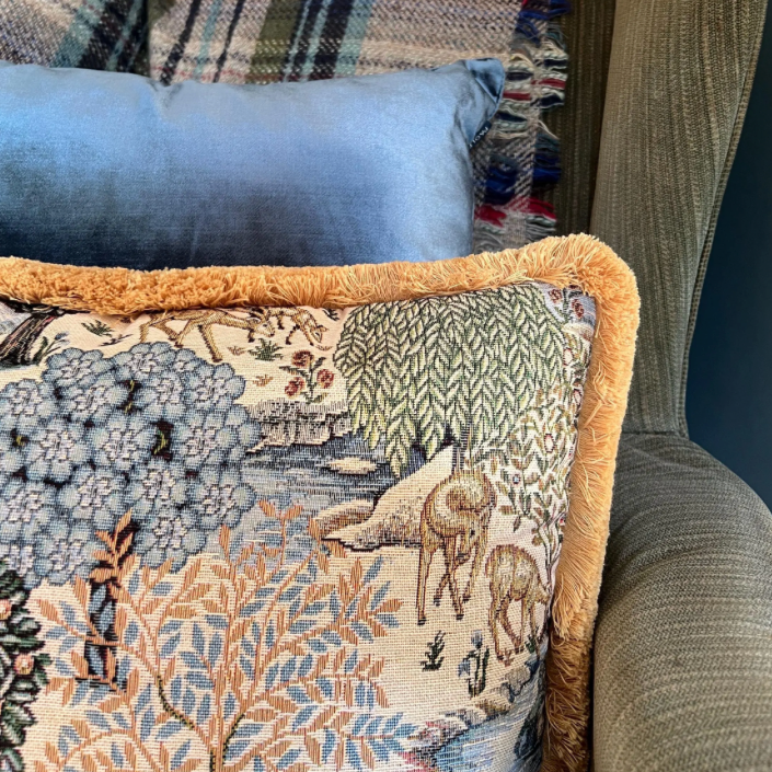 William Morris Deer garden tapestry cushion with mustard gold fringing