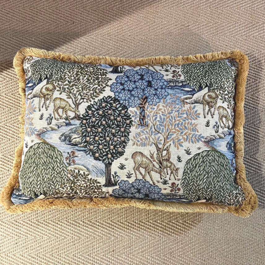 William Morris Deer garden tapestry cushion with mustard gold fringing