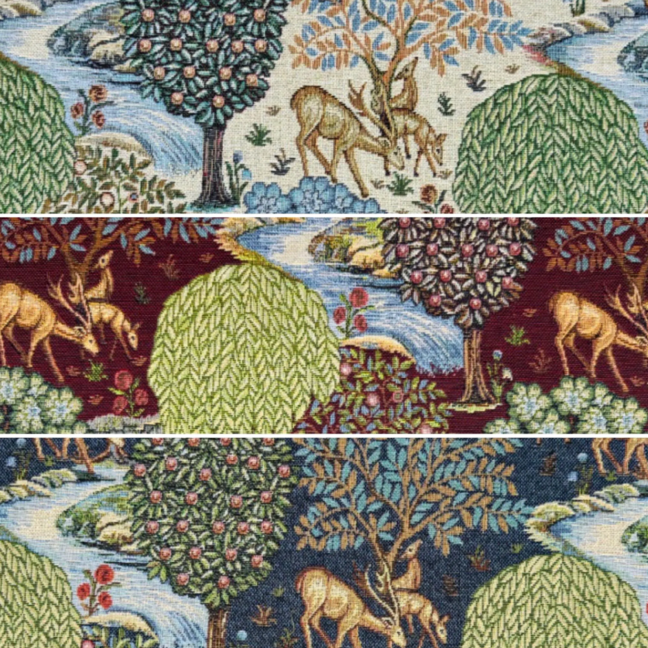 William Morris Deer garden tapestry cushion with mustard gold fringing