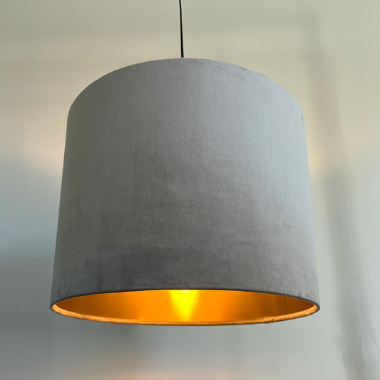 Grey velvet drum lampshade/ ceiling shade with a metallic brushed gold lining