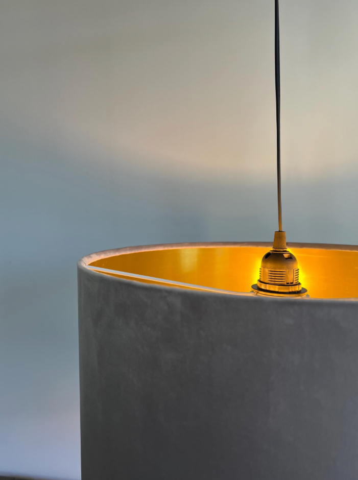 Grey velvet drum lampshade/ ceiling shade with a metallic brushed gold lining