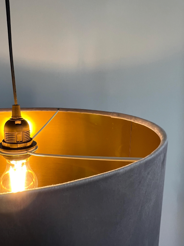 Grey velvet drum lampshade/ ceiling shade with a metallic brushed gold lining