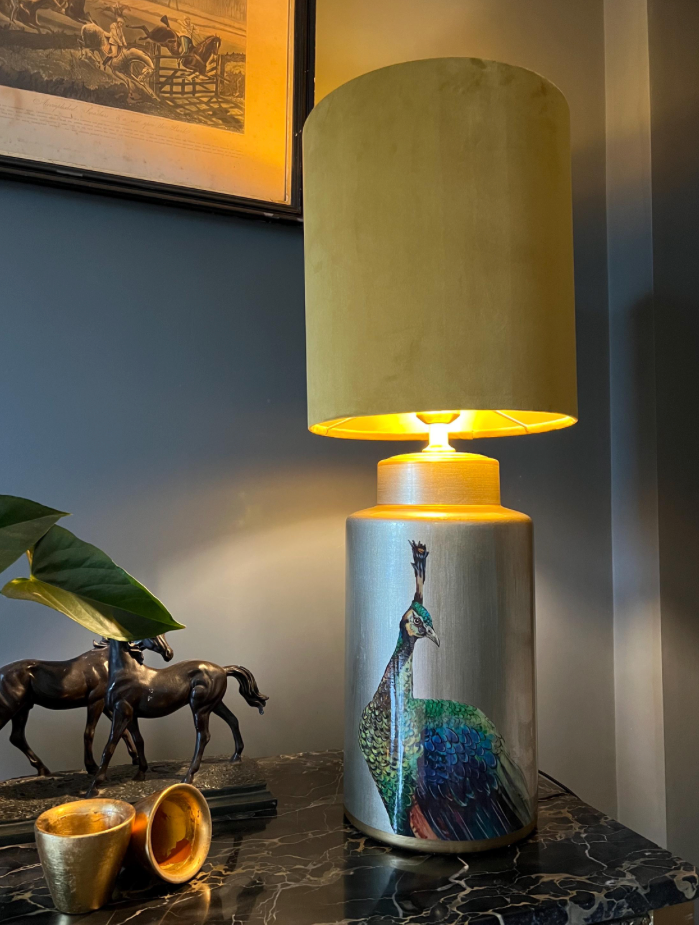 Mustard velvet drum lampshade/ ceiling shade with a metallic brushed gold lining