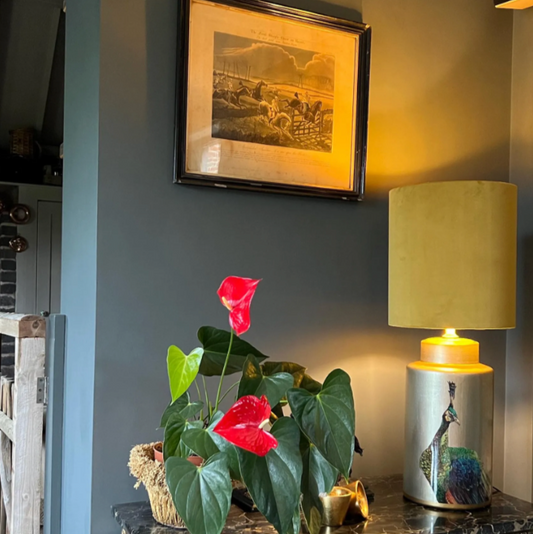 Mustard velvet drum lampshade/ ceiling shade with a metallic brushed gold lining