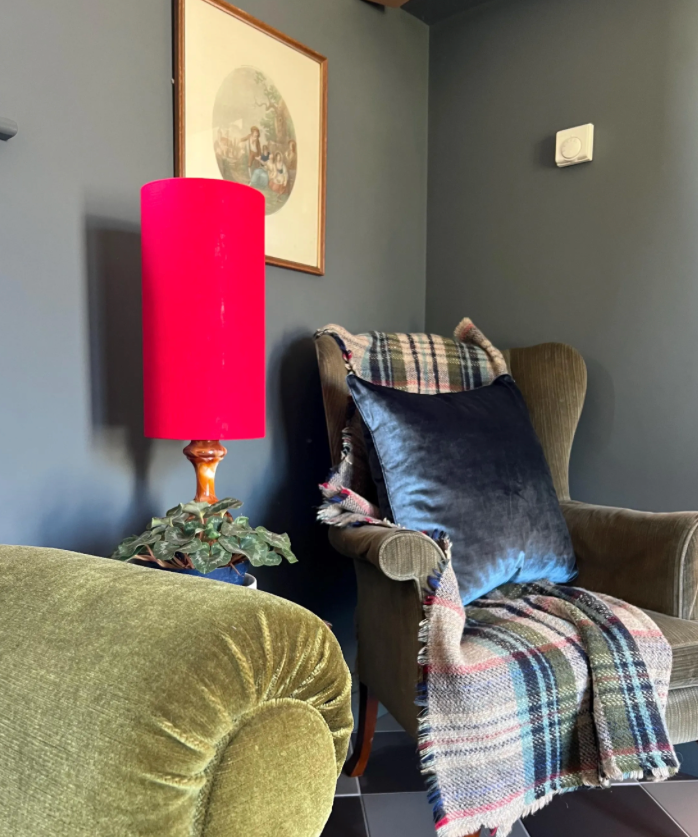 Red linen cylinder lampshade, extra tall lampshade
