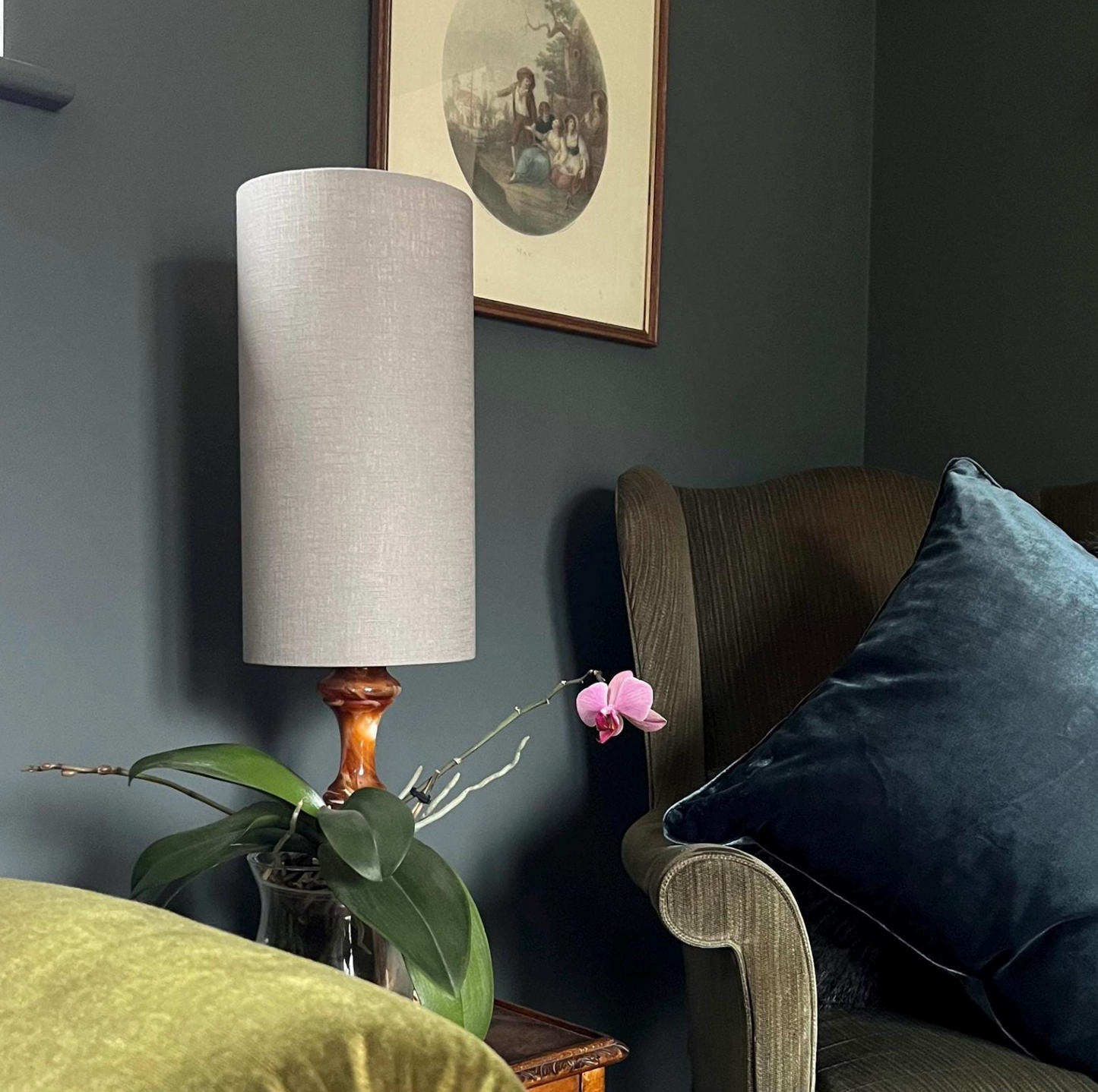 Light grey linen cylinder lampshade, extra tall lampshade