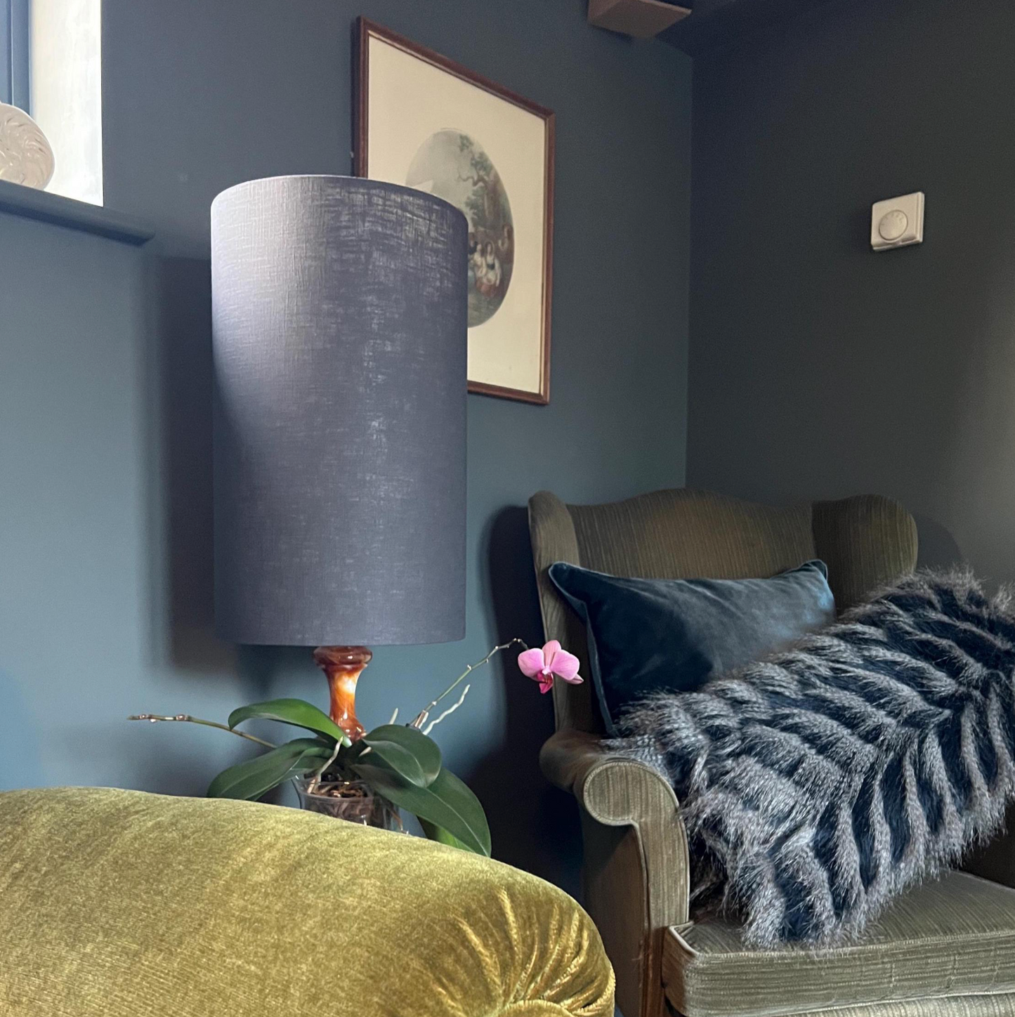 Dark grey linen cylinder lampshade, extra tall lampshade