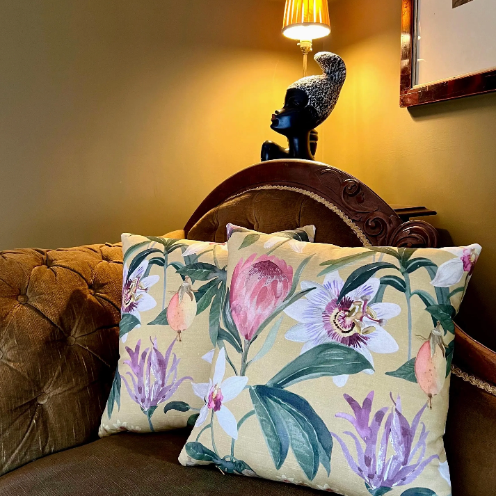 Mustard passionflower cotton cushion, scatter cushions