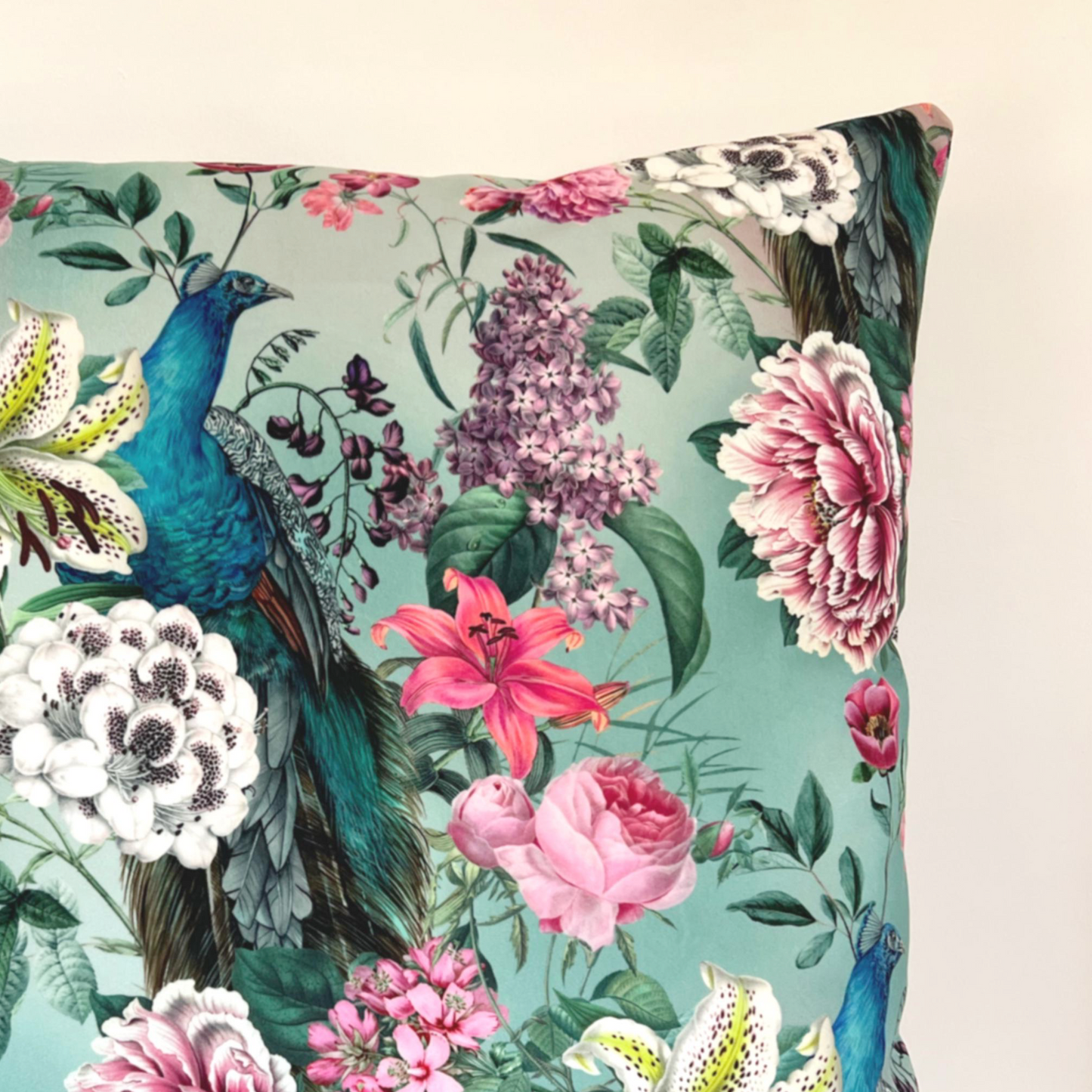 Peacock floral velvet throw cushion, in duck egg. Scatter cushion