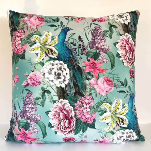 Peacock floral velvet throw cushion, in duck egg. Scatter cushion
