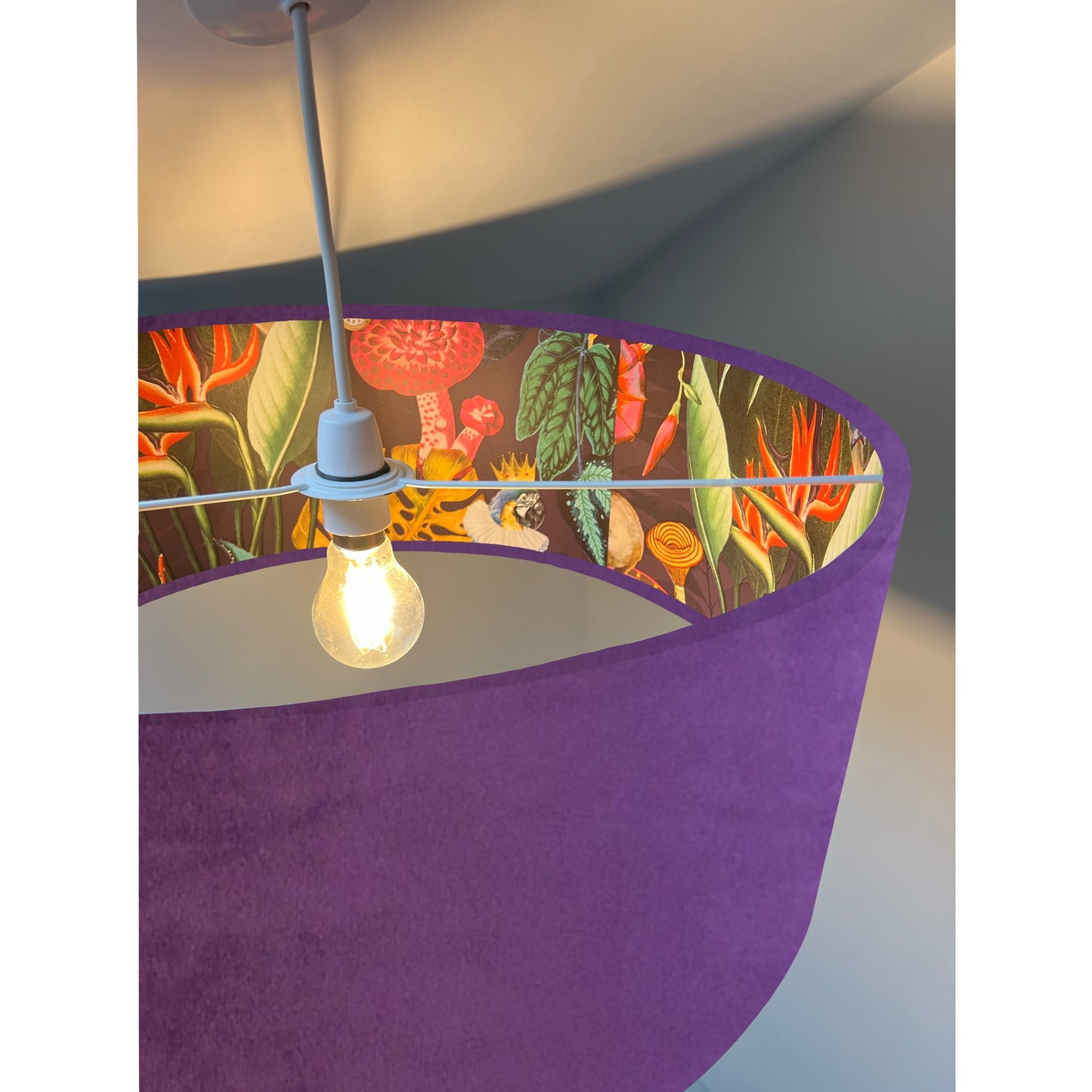 Purple velvet drum double sided lampshade/ ceiling light shade, with wonderland paper on interior