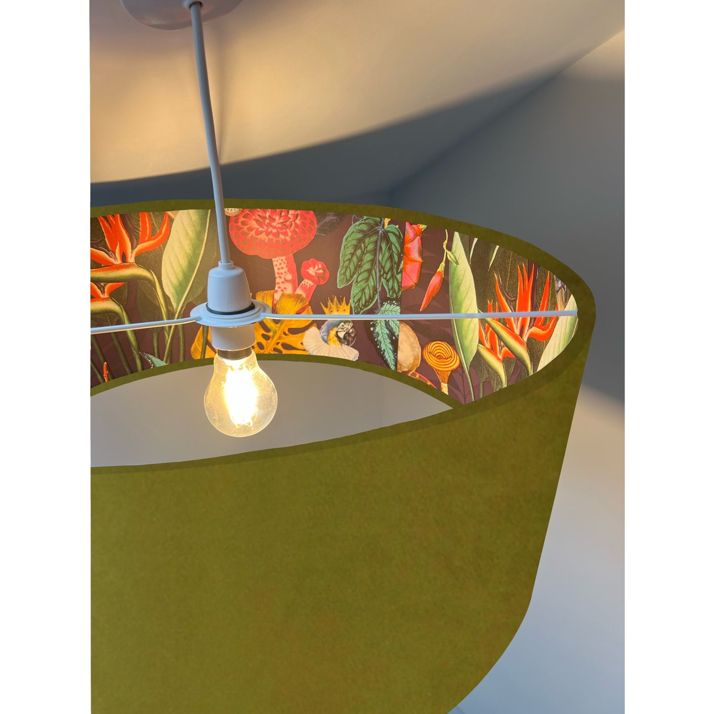 Olive green velvet wonderland drum lampshade, double sided lampshade with wonderland paper interior