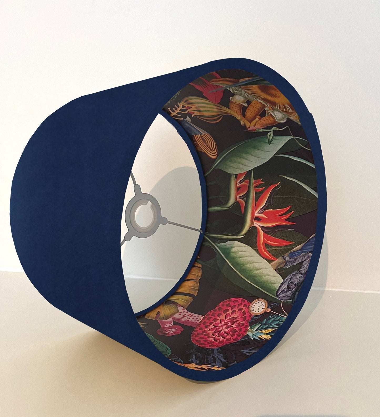 Navy velvet drum lampshade/ ceiling light shade with wonderland paper interior