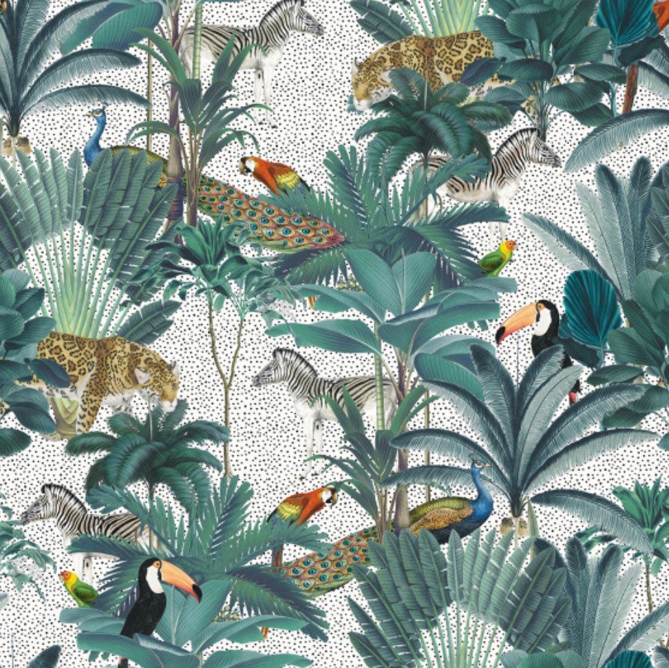 Jungle velvet in white, drum lampshade /ceiling shade with a white lining