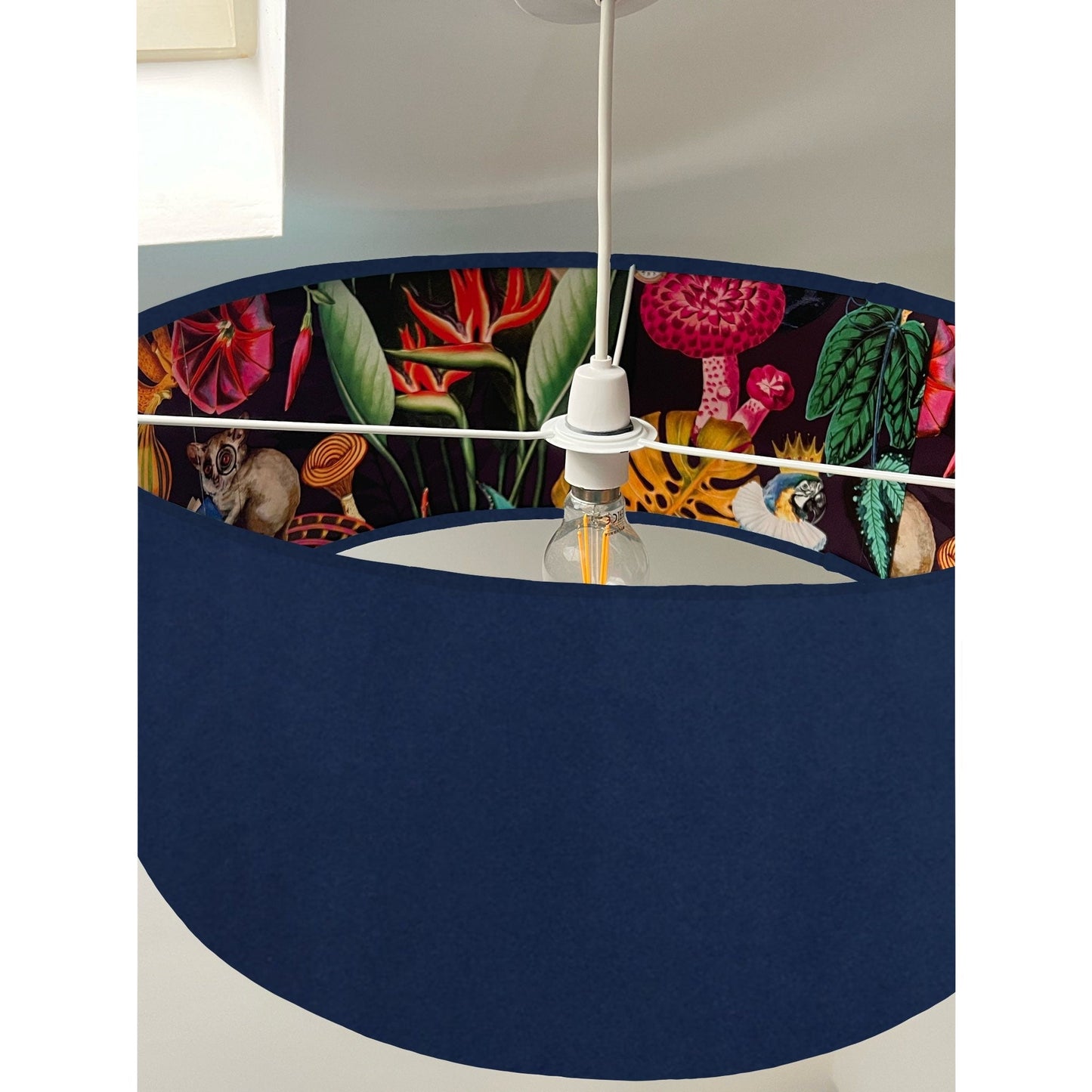 Navy velvet drum lampshade/ ceiling light shade with wonderland paper interior