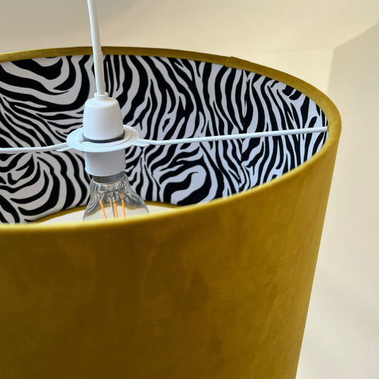Mustard velvet drum lampshade/ ceiling light shade with zebra print cotton interior