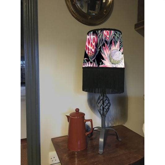 Black and pink botanical velvet french drum lampshade / ceiling light shade, with black fringe and braid