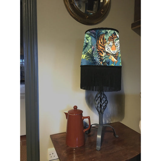 Bengal tiger velvet french drum lampshade, with black fringe