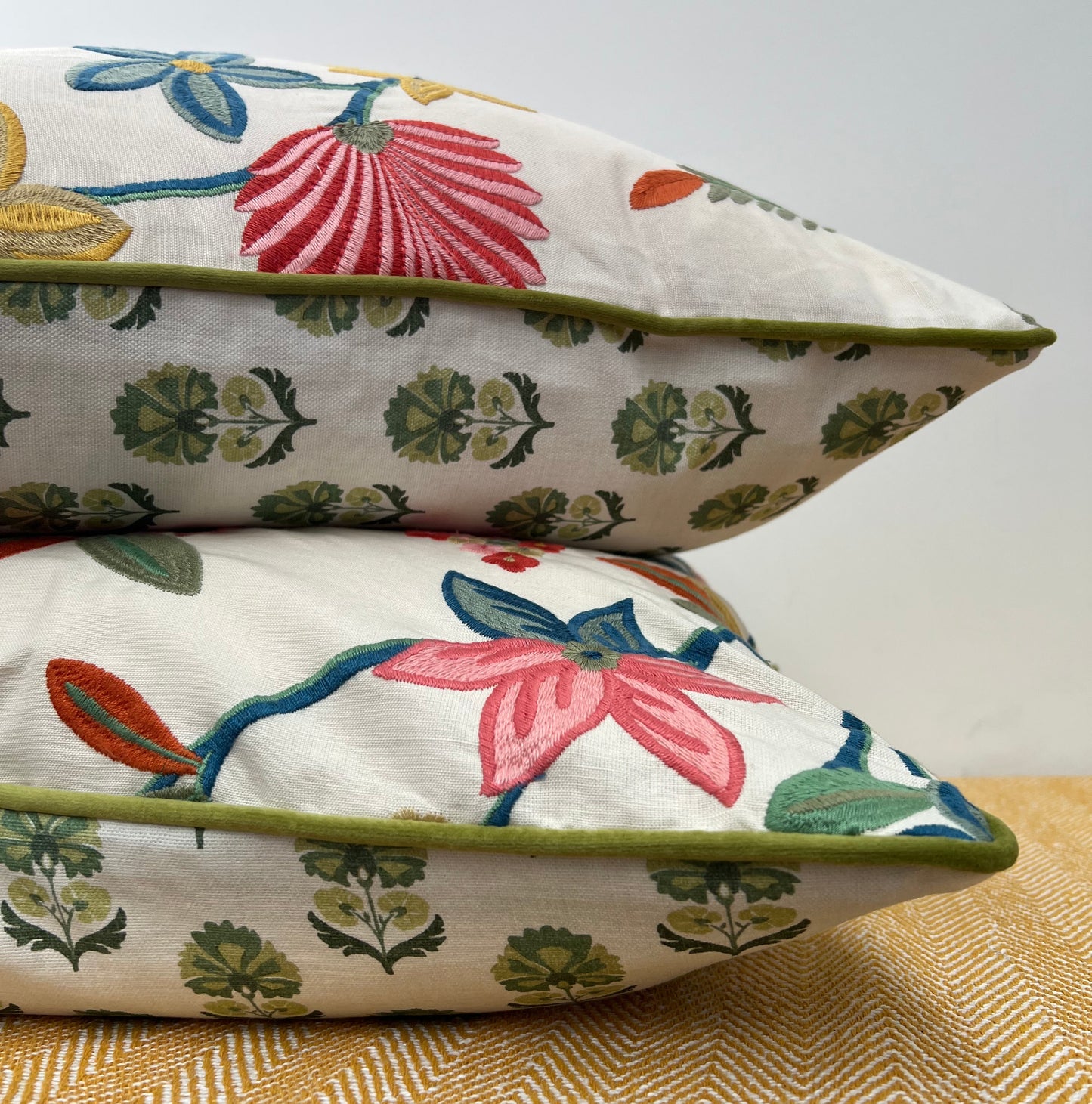 Botanical Embroidered Cushion, Floral Ivory with Olive Piping