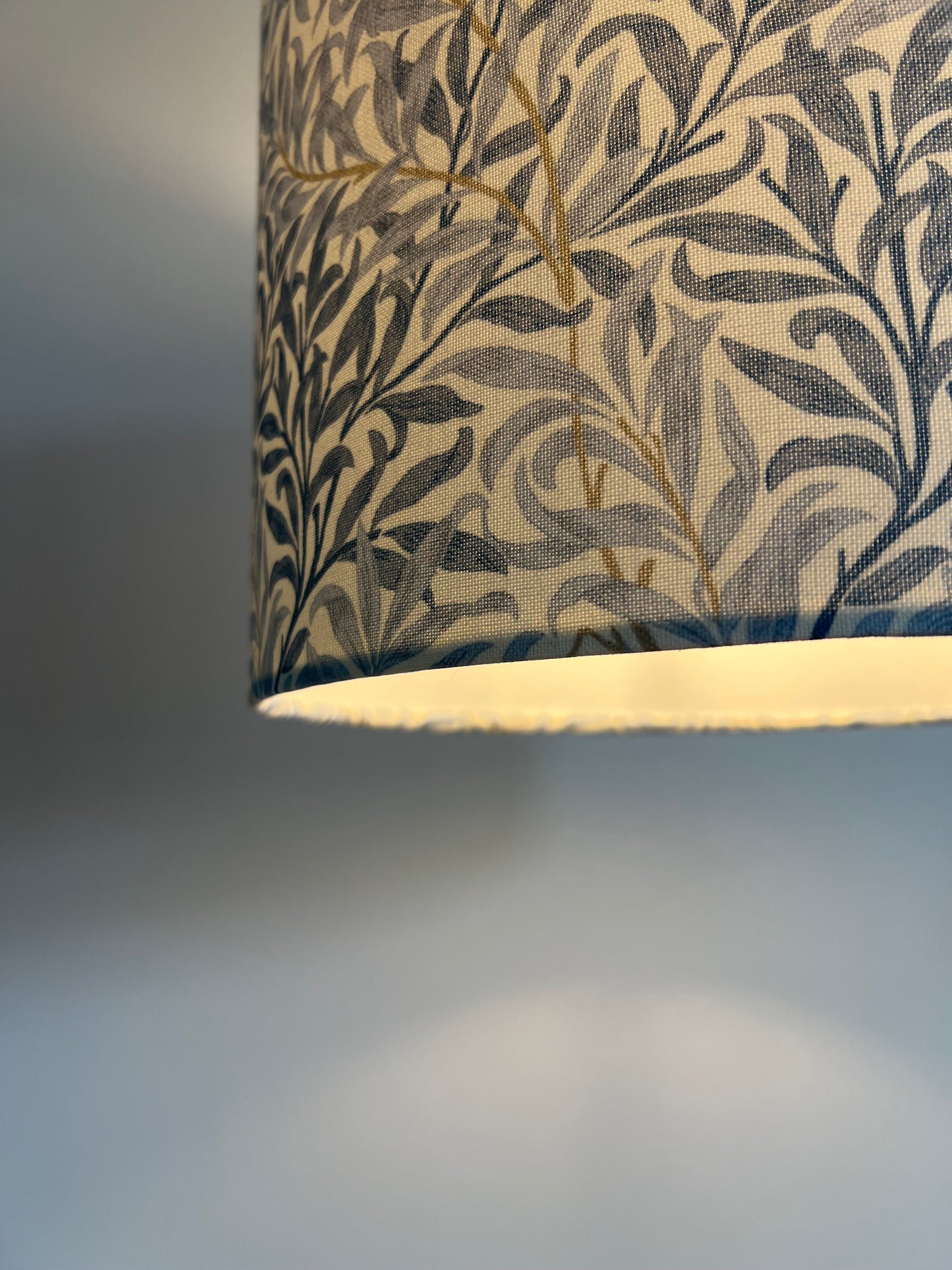 William Morris blue willow cotton drum lampshade/ ceiling shade with a white lining