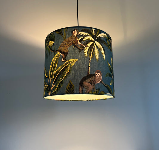 Jungle monkey cotton, in teal, drum lampshade /ceiling shade with a white lining