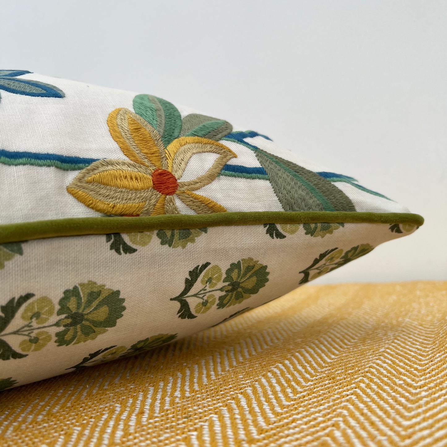 Botanical Embroidered Cushion, Floral Ivory with Olive Piping